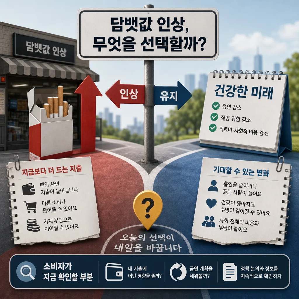 담뱃값 인상 논의가 가계 지출과 금연 선택에 미치는 변화를 설명하는 이미지
