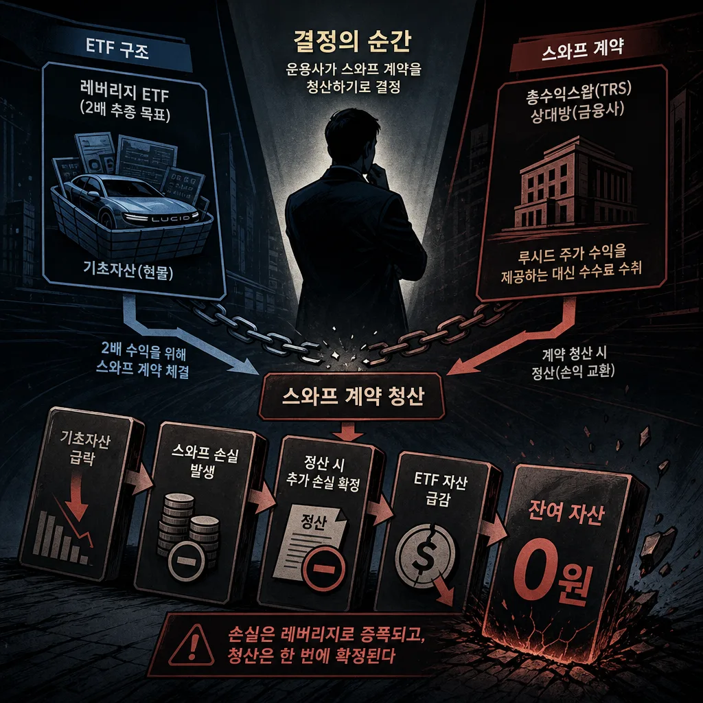 루시드 2배 레버리지 ETF가 기초주식 급락과 스와프 청산으로 NAV가 악화되는 구조를 보여주는 이미지
