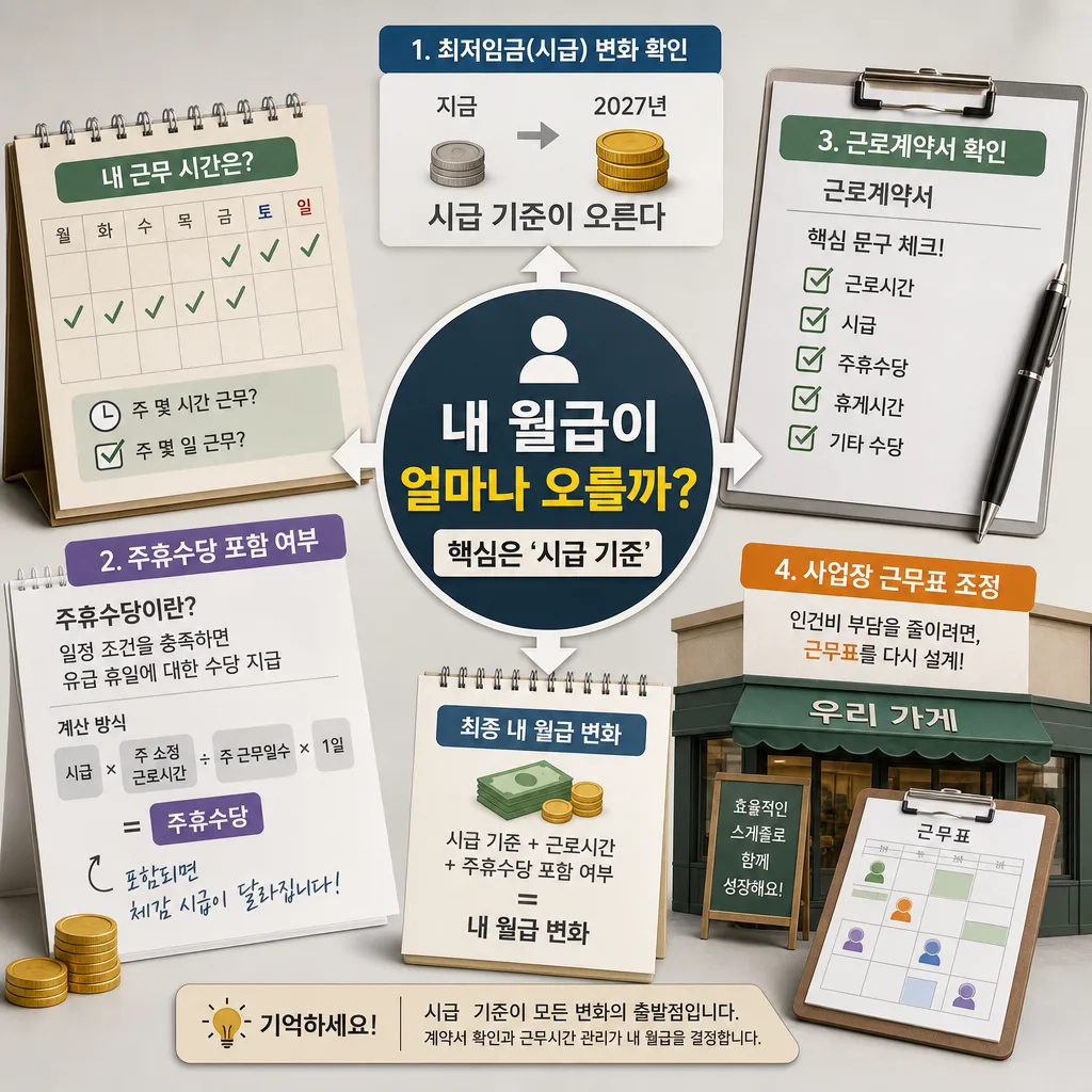 2027 최저임금 1만700원과 주휴수당, 월급 환산 기준을 함께 확인하는 이미지