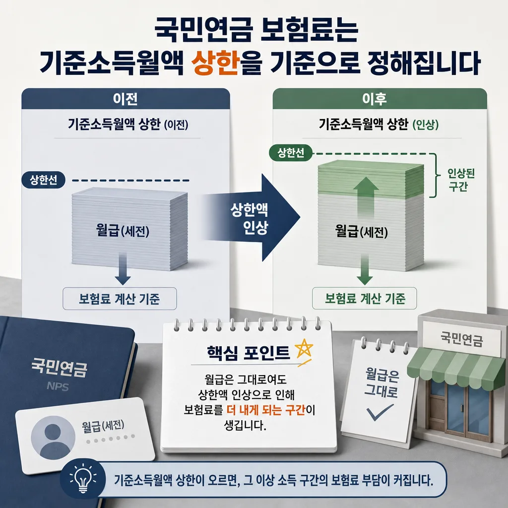 국민연금 보험료 상한액 조정으로 월급 구간별 부담이 달라지는 구조를 보여주는 이미지