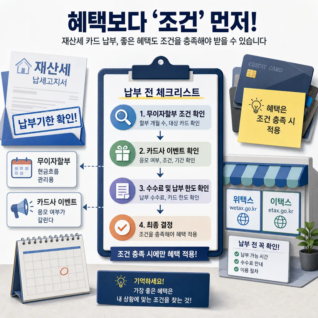 재산세 카드 납부에서 무이자할부, 실적 인정, 이벤트 응모 조건을 비교하는 이미지
