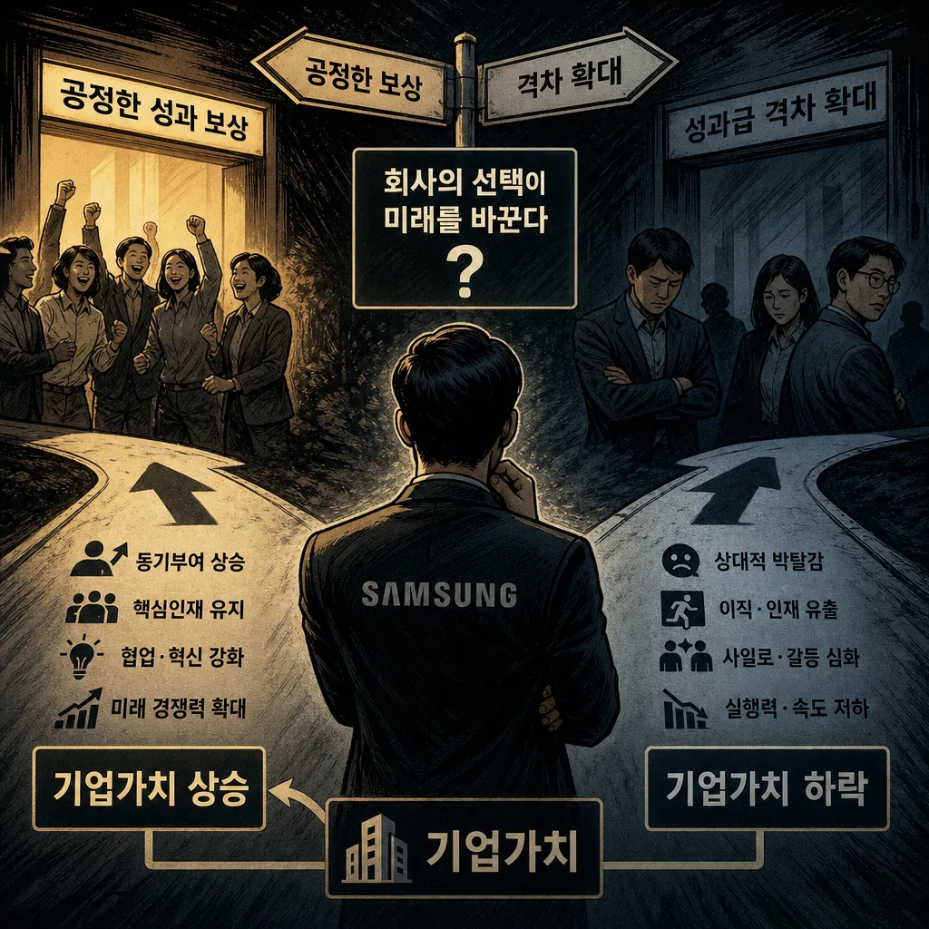 삼성전자 사업부별 실적과 성과급 격차가 조직 갈등으로 이어지는 구조를 설명하는 이미지