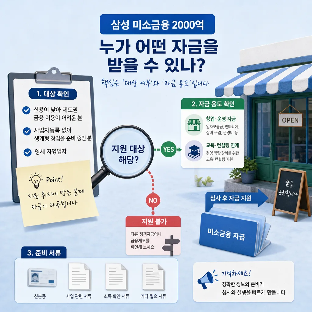 삼성 미소금융 2000억원 출연이 영세 자영업자와 금융취약계층 지원으로 연결되는 구조를 보여주는 이미지