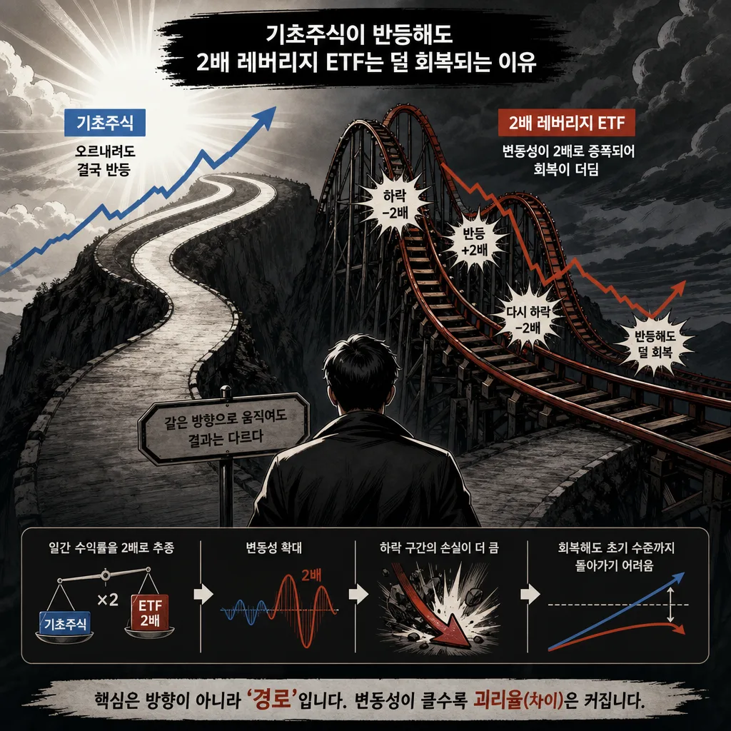 단일종목 2배 레버리지 ETF가 일간 수익률 추종과 변동성 때문에 기초주식과 다른 결과를 만들 수 있음을 보여주는 이미지