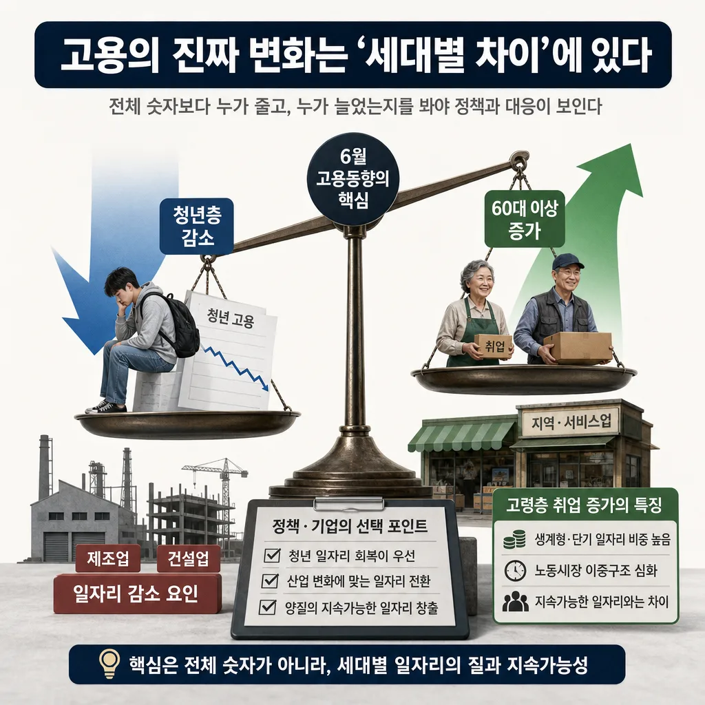 청년 고용률 하락과 고령층 취업 증가가 동시에 나타나는 고용시장 양극화 구조를 보여주는 이미지